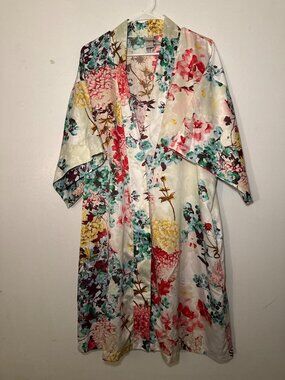 Woman's Natori Floral Kimono Wrap w/ Pockets Robe (Missing Tie Belt) Large